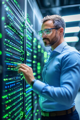 Poster - A data analyst monitors server operations while surrounded by illuminated equipment in a dimly lit room
