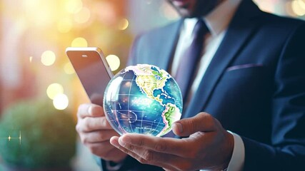 Aufkleber - Global Business Connection: A businessman holds a transparent globe in his hands, symbolizing global connectivity and digital networking.
