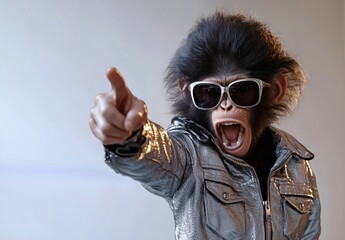 Wall Mural - a loud and expressive monkey in a shiny silver jacket and bold sunglasses points dramatically at the
