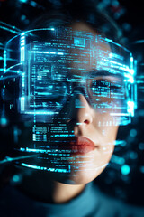 Poster - A woman experiences augmented reality with advanced glasses displaying vibrant digital information