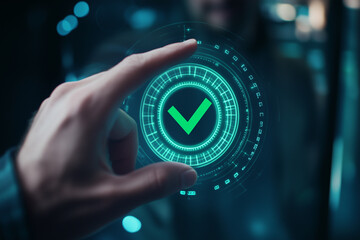 Poster - hand is pointing to a green check mark on a screen. The check mark is surrounded by a circle and he is glowing. Concept of approval or validation