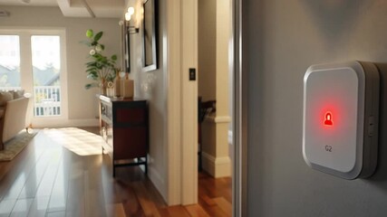 Aufkleber - The living area showcases a smart security device on the wall, illuminated with a red lock indicator, hinting at an active security status.