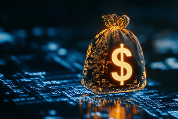 Aufkleber -  bag with a dollar sign on it is lit up in a dark room. The bag is surrounded by a digital landscape, giving the impression of a futuristic or technological setting