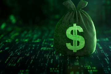 Aufkleber - green bag with a dollar sign on it. The bag is made of a digital material and he is glowing