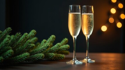 New Year card. Two glasses of sparkling champagne on New Year's Eve. Decor made of fir branches and New Year's balls. Place for text