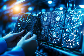 Poster - A technician carefully installs a graphics card into a server rack filled with advanced hardware components