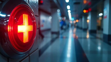 Aufkleber - A bright red emergency alert light shines prominently in a subway corridor during the evening. Passengers walk in the distance, unaware of the situation.