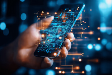 Poster - A hand presents a smartphone with glowing circuit patterns illuminated against a dreamy blue bokeh backdrop