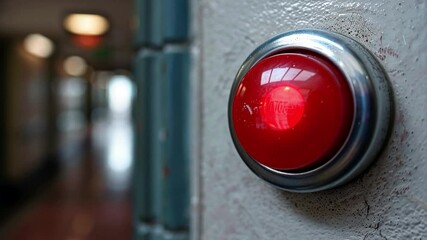 Poster - The bright red emergency button shines prominently on a wall, indicating a potential safety concern in the quiet, dimly lit hallway. The surroundings are blurred, enhancing its focus.
