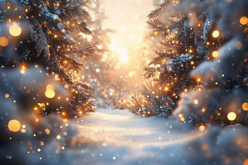 Wall Mural - Magical winter, Christmas branches with bokeh on a bright colored background