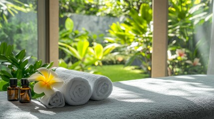 Aufkleber - White rolled towels are lying on a massage table near a window with a tropical garden view, preparing for a relaxing spa treatment