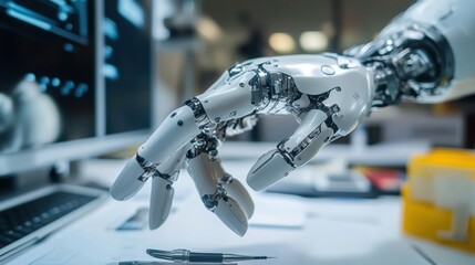 Aufkleber - The robotic prosthetic hand demonstrates precision as it firmly grips a small object in a contemporary lab environment. Generative AI