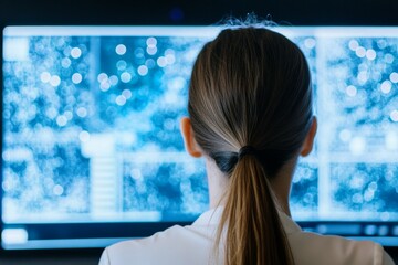 Aufkleber - Female Scientist Analyzing Data on Monitors in High-Tech Observatory - Perfect for International Womens Day and Earth Day