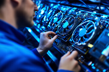 Poster - A technician installs graphics cards in a server rack illuminated by blue lighting, focusing on intricate details