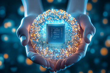 Poster - A microchip emits light, symbolizing tech advancement and innovation in our digital world
