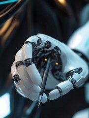 Aufkleber - The robotic prosthetic hand expertly holds a pen, showcasing advanced technology and precision in an innovative workspace. Generative AI