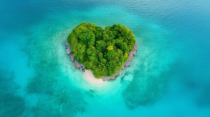 Wall Mural - Aerial view of a heart-shaped tropical island surrounded by turquoise water.