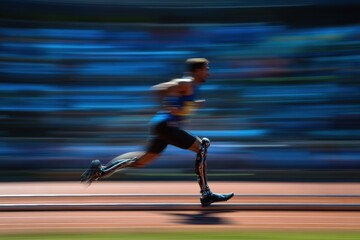 Poster - A determined athlete with a prosthetic leg is sprinting at full speed on a track, showcasing skill and strength. Generative AI