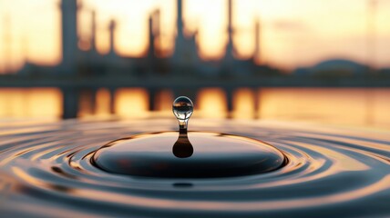 A close-up of a water droplet splashing on a reflective surface, with an industrial skyline blurred in the background during sunset.