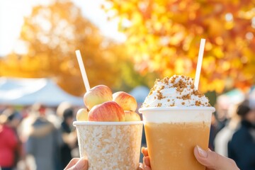 Wall Mural - Autumn Fair Delights Friends Enjoying Hot Cider and Caramel Apples at a Vibrant Fall Festival - Perfect for Thanksgiving & Halloween