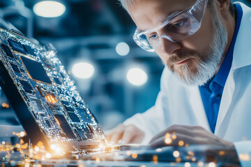 Poster - A technician with glasses closely inspects a computer motherboard in a well-lit lab environment