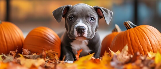 Poster - Adorable Pit Bull Puppy in Fall Pumpkin Patch - Perfect for Halloween and Thanksgiving Themes