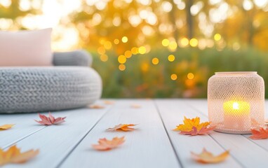 Wall Mural - Cozy Autumn Patio Evening Lanterns and Leaves Creating Fall Ambiance