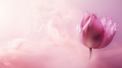 Poster - A close-up of an elegant tulip wrapped in delicate pink smoke, presenting an artistic fusion of floral beauty and ethereal imagery in a dreamlike environment.