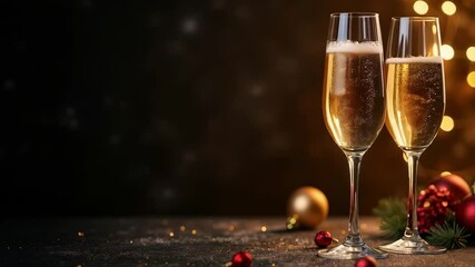 Wall Mural - Two glasses of champagne on dark background with golden lights bokeh, glitter and sparks. Merry Christmas and Happy New Year. Anniversary, birthday, wedding, event celebration concept