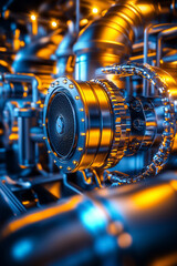 Poster - Complex network of metallic pipes and gears, glowing softly, revealing advanced engineering in an industrial setting