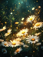 Wall Mural - field of white daisies with fireflies