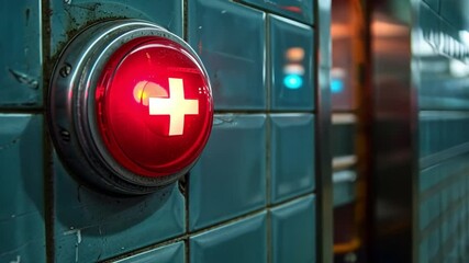 Aufkleber - A glowing red emergency alert button is prominently displayed on the tiled wall of a subway station, emphasizing the importance of safety measures for commuters below ground.