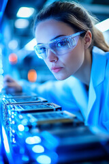 Poster - A dedicated scientist examines electronics, showcasing her expertise in a high-tech setting