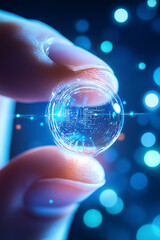 Poster - A hand gently grips a luminous crystal sphere filled with complex designs, illuminated by a soft blue light