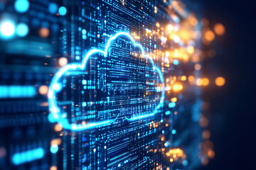 Poster - A cloud symbol is illuminated amidst vibrant data streams, highlighting the essence of cloud computing technology