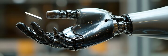 Aufkleber - The robotic prosthetic hand demonstrates dexterity while grasping a small coin, showcasing advanced engineering and design. Generative AI