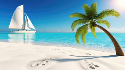 Wall Mural - sailboat on a tropical beach with palm tree and footprints in the sand.
