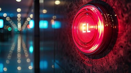 Poster - A bright red emergency light is glowing, indicating the elevator's location in a sleek, contemporary building corridor.