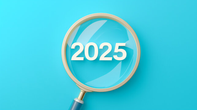 Happy new year 2025 with business concept banner. Target icon inside the golden magnifying glass