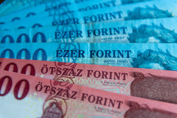 Mixed denomination forint currency notes in Hungary.