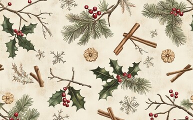 Wall Mural - Holiday decorations featuring holly, pine branches, and snowflakes create a cozy holiday atmosphere