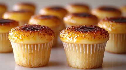 Golden cupcakes topped with shiny caramel sit elegantly on a bright tabletop