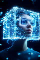 Aufkleber - A person stands still, wearing a glowing digital cube headpiece that symbolizes advanced technology and innovation