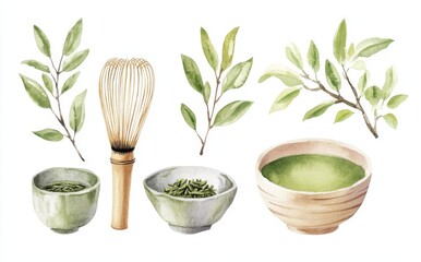 Illustrations of tea preparation tools with green leaves and matcha bowls on a light background in watercolor