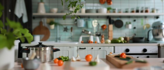 Wall Mural - Bright, cozy kitchen with fresh vegetables and cookware, evoking a warm, homely atmosphere in a well-organized space ready for culinary creativity.