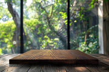 Wall Mural - Wood table top on blurred glass window background for product display.