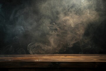 Wall Mural - Smoke floating above empty wooden table on dark background.