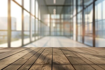 Poster - Empty wood table top with blur glass window background for product display.