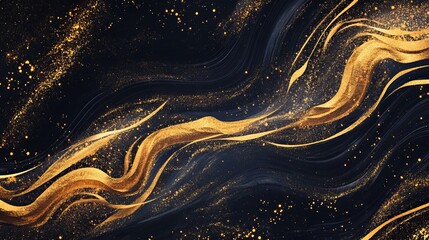 Wall Mural - a sparkling luxury gold wave design set against a black background, exuding elegance and sophisticat