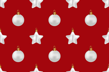 Christmas silver white 3d balls stars Isolated red background Minimal composition vector seamless pattern Winter holiday mood Xmas template Festive New year decorations  Wrapping paper